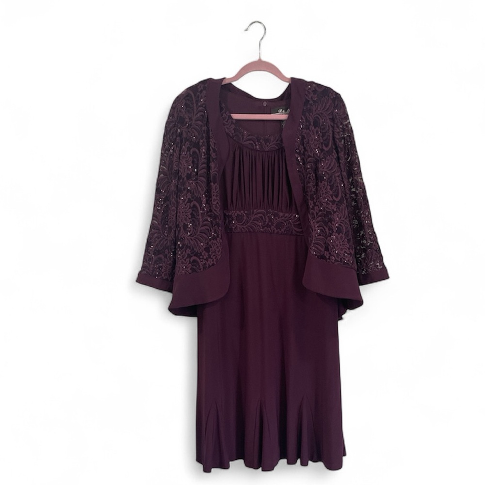 R&M Richards Women's Dress & Sequined Lace Jacket - Plum size 12